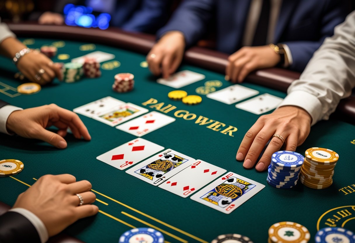 A casino table with Pai Gow Poker cards, domino tiles, chips, and players' hands placing bets.