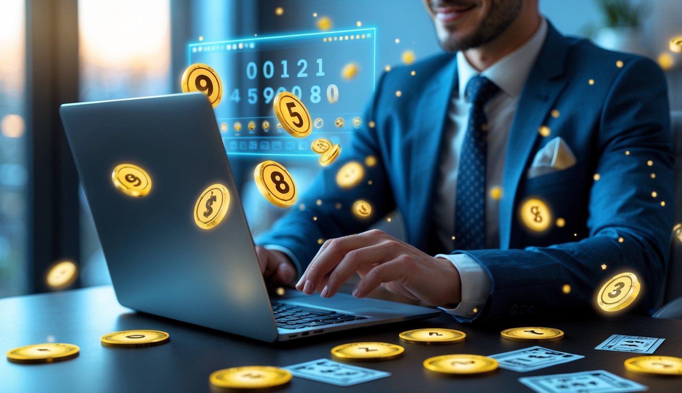 Seorang pria atau wanita sedang menggunakan laptop di ruang kerja modern dengan elemen digital angka lotre dan koin yang berkilau di sekitarnya.
