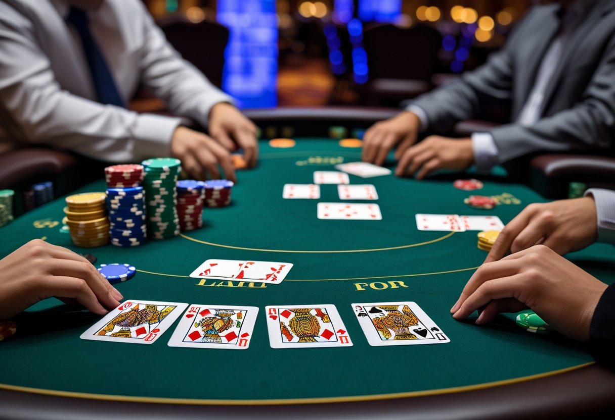 A casino table with Pai Gow Poker cards and poker chips as players arrange their hands.