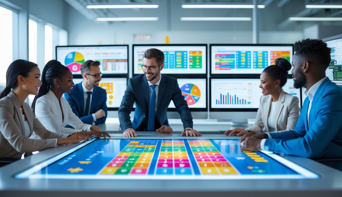 Tim profesional sedang bekerja bersama di kantor modern dengan layar digital yang menampilkan grafik dan data prediksi angka togel.