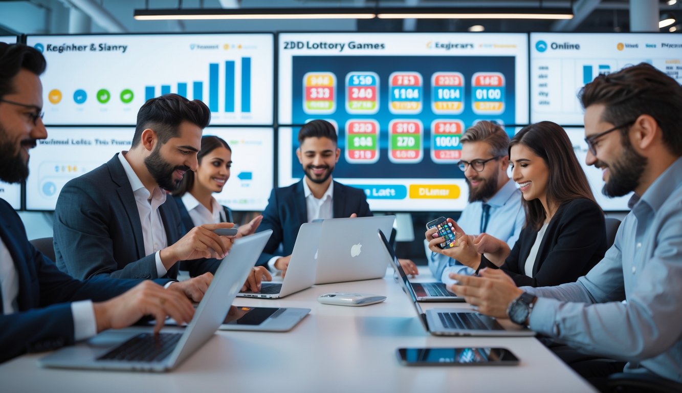 Beberapa orang sedang menggunakan perangkat digital di kantor modern untuk bermain dan berdiskusi tentang permainan togel 2D.