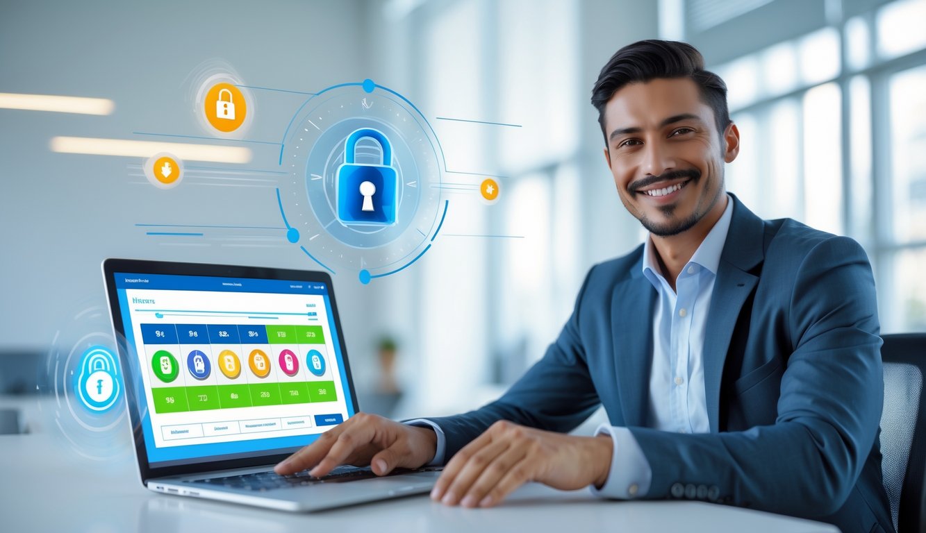 Seorang pria tersenyum duduk di meja dengan laptop di kantor modern, menunjukkan suasana kerja yang aman dan cepat.