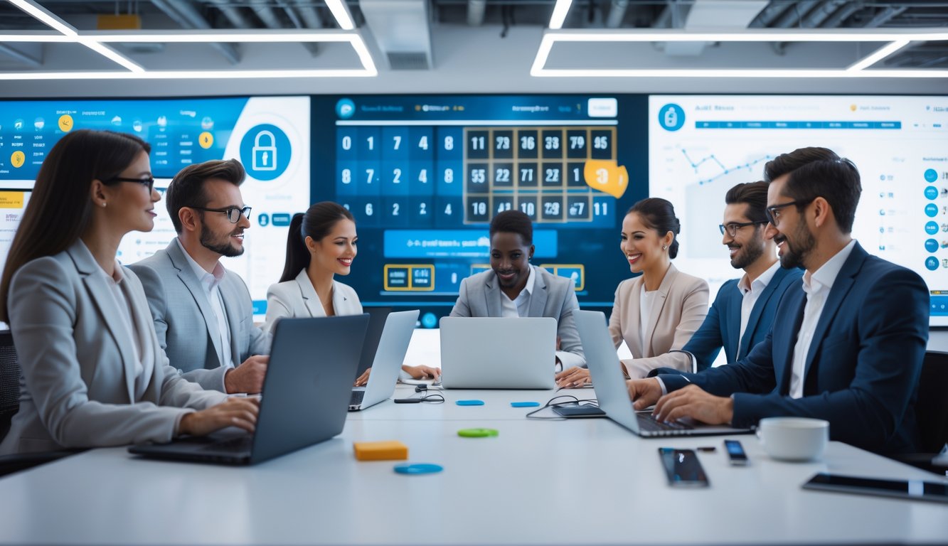 Tim profesional sedang bekerja bersama di kantor modern dengan perangkat digital yang menampilkan angka dan grafik lotere.