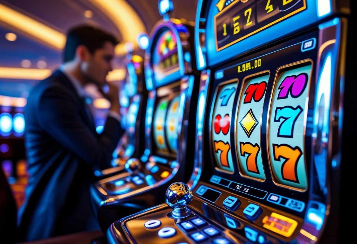 Close-up of a slot machine with spinning reels and a blurred person in the background looking thoughtful.