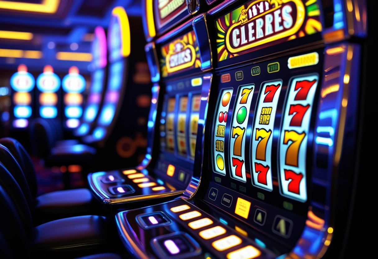 Close-up of a slot machine with colorful reels and buttons in a casino setting.
