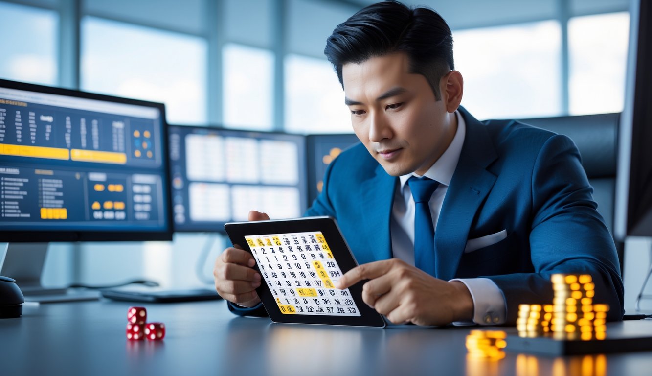 Seorang pria Asia Tenggara duduk di meja kantor modern sambil melihat angka togel di tablet dengan layar komputer di sekitarnya.