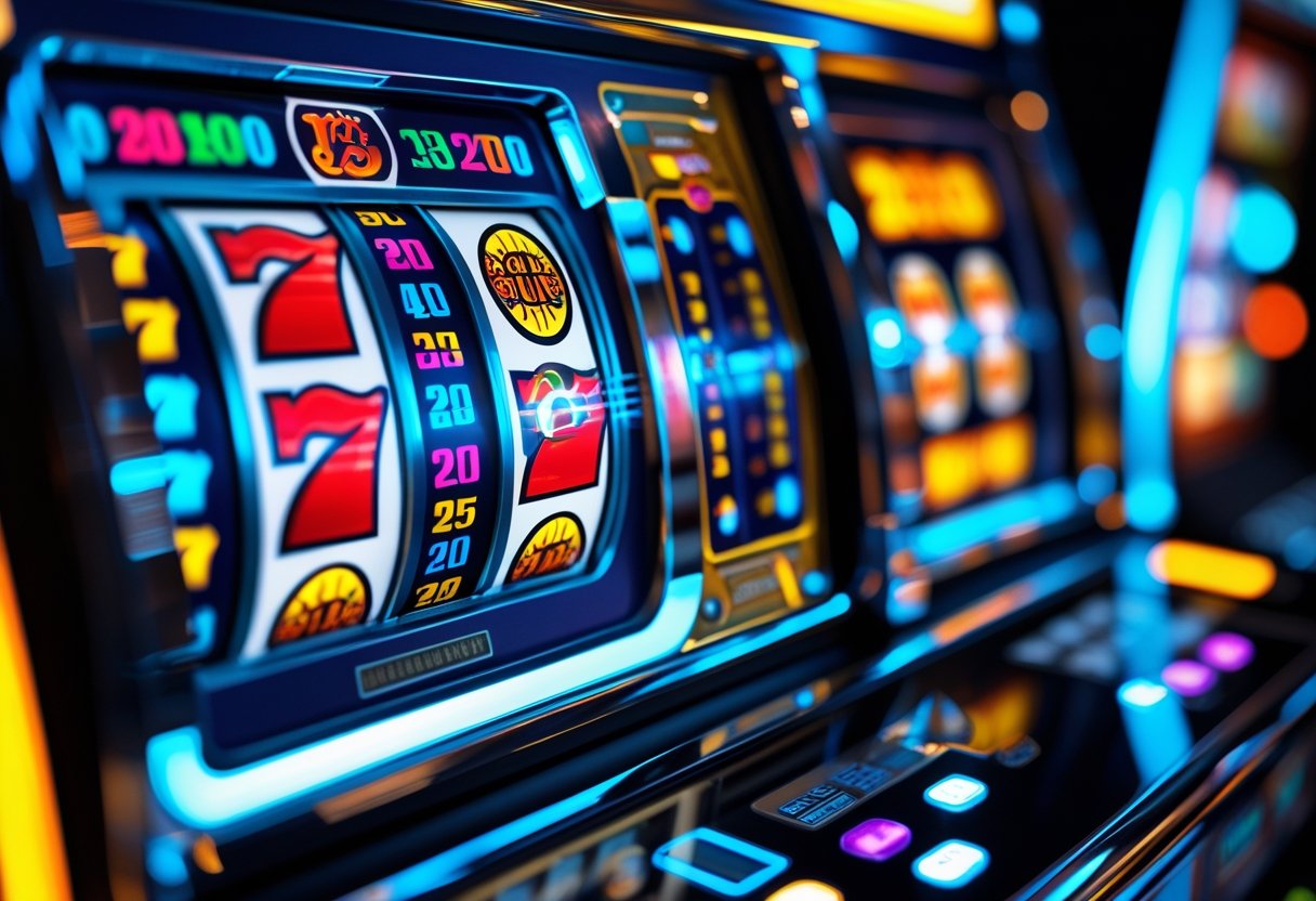 Close-up view of the internal components of a slot machine showing reels, circuit boards, and wires.