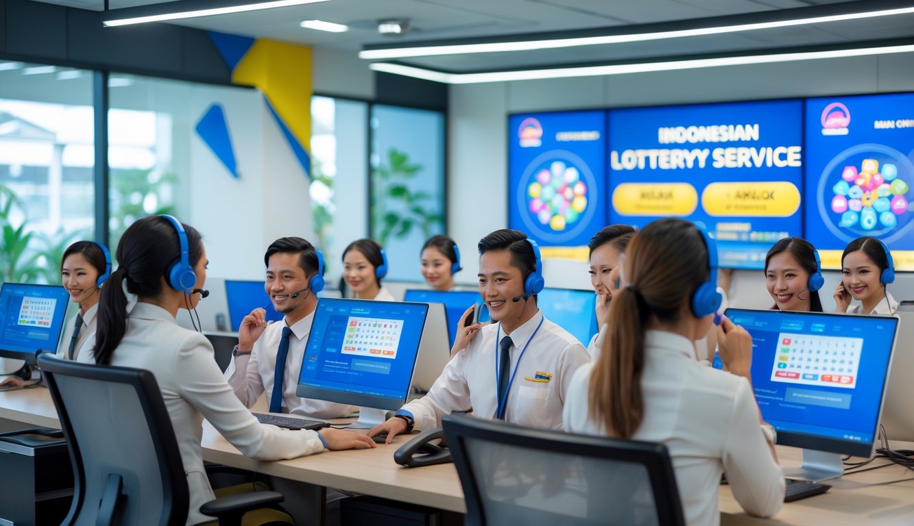 Tim layanan pelanggan yang ramah sedang bekerja di kantor modern dengan komputer dan headset, suasana terang dan profesional.