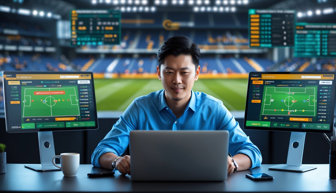 Seorang pria Asia duduk di meja dengan beberapa layar komputer menampilkan pertandingan sepak bola dan grafik taruhan, tampak fokus dan percaya diri.