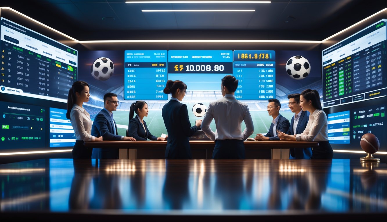 Sekelompok orang sedang berdiskusi di depan layar digital yang menampilkan statistik dan peluang taruhan sepak bola.