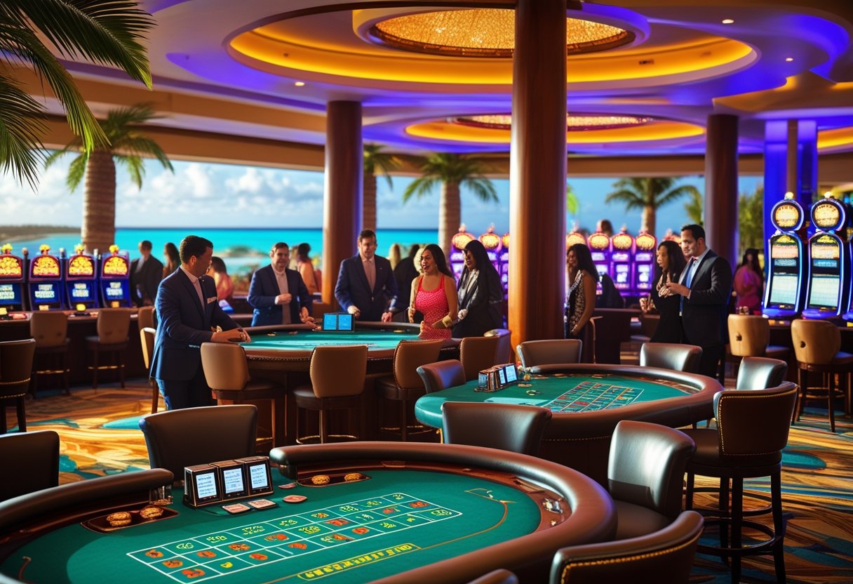 Interior of a Caribbean casino with people playing card games and slot machines surrounded by tropical decor and bright lights.