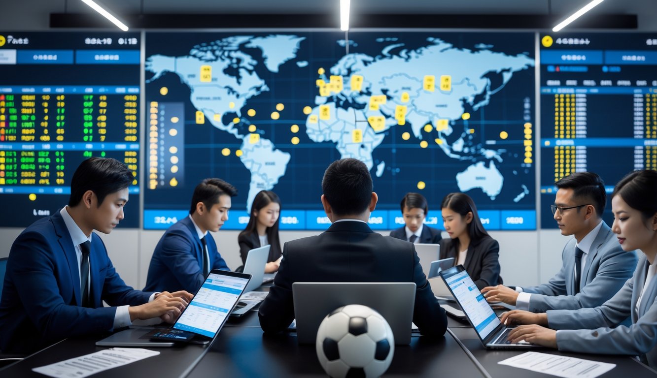 Suasana kantor profesional dengan beberapa orang Asia yang sedang bekerja di depan layar besar menampilkan statistik dan pasar taruhan sepak bola dari berbagai negara.