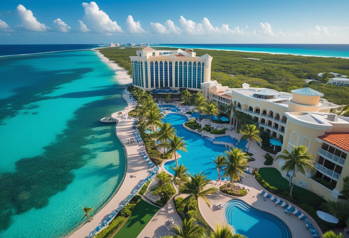 Aerial view of a Caribbean casino resort by the ocean with palm trees, casino buildings, and people enjoying the outdoor area.