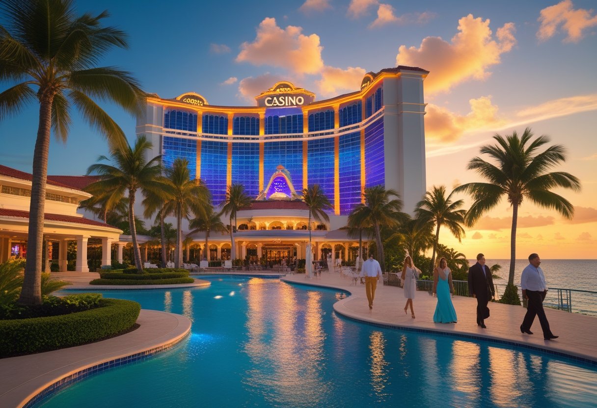 A luxurious Caribbean casino resort at sunset with palm trees, a swimming pool, and guests enjoying the outdoor area near the ocean.