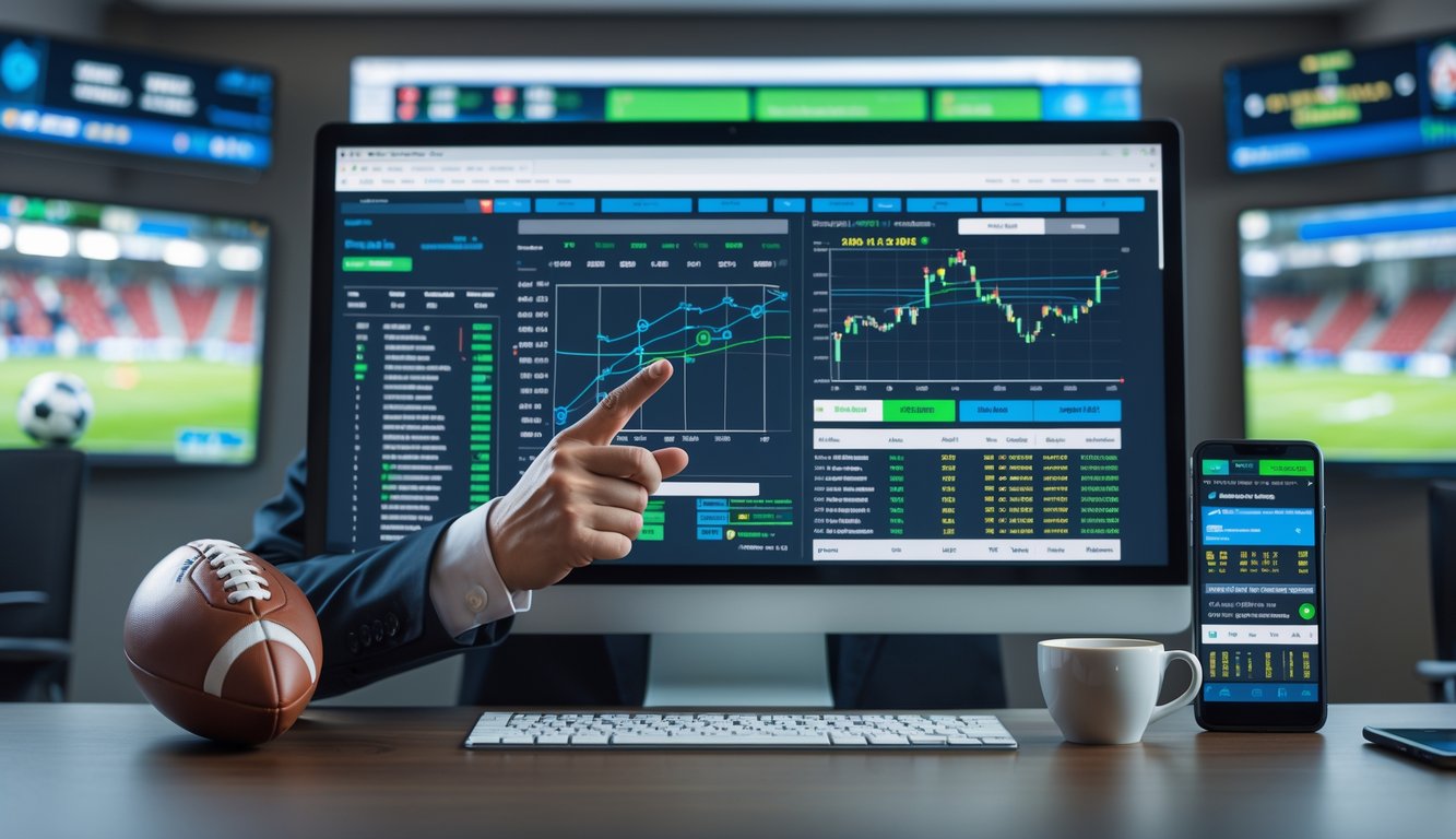 Seorang profesional sedang menganalisis data taruhan sepak bola di depan komputer dengan grafik dan statistik pertandingan.