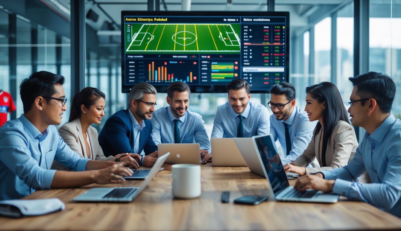 Sekelompok orang sedang menganalisis statistik pertandingan sepak bola di ruang kantor modern.