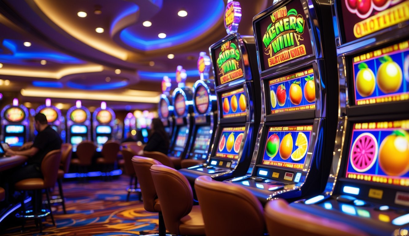 Area mesin slot buah berwarna cerah dengan beberapa pemain yang sedang bermain di kasino modern.