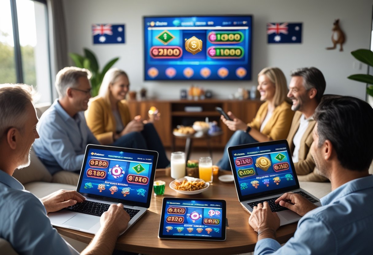 People playing online casino games on laptops and smartphones in a bright living room with Australian-themed decor.
