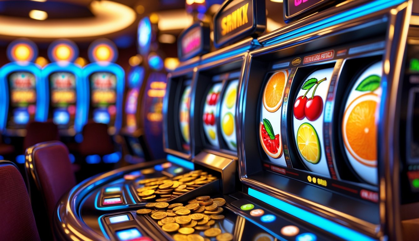 Mesin slot buah berwarna cerah di kasino dengan simbol buah dan koin jackpot yang keluar.