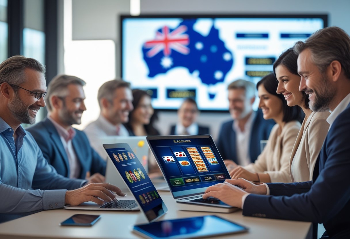 A group of adults using laptops and smartphones to play online casino games in a bright, modern room with subtle Australian-themed decor.