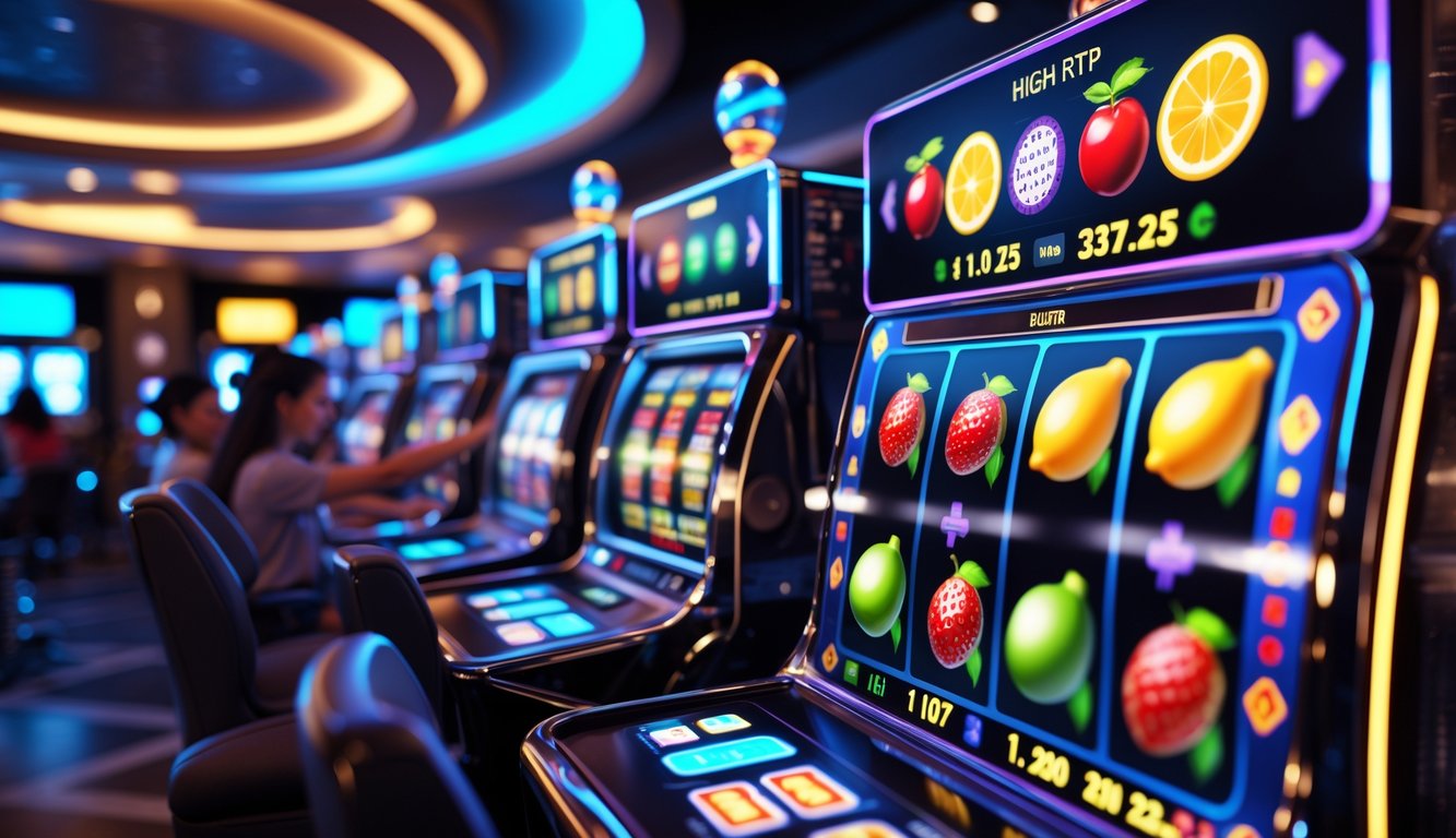 Suasana ruang permainan kasino modern dengan mesin slot bertema buah yang berwarna-warni dan pemain yang sedang bermain dengan antusias.