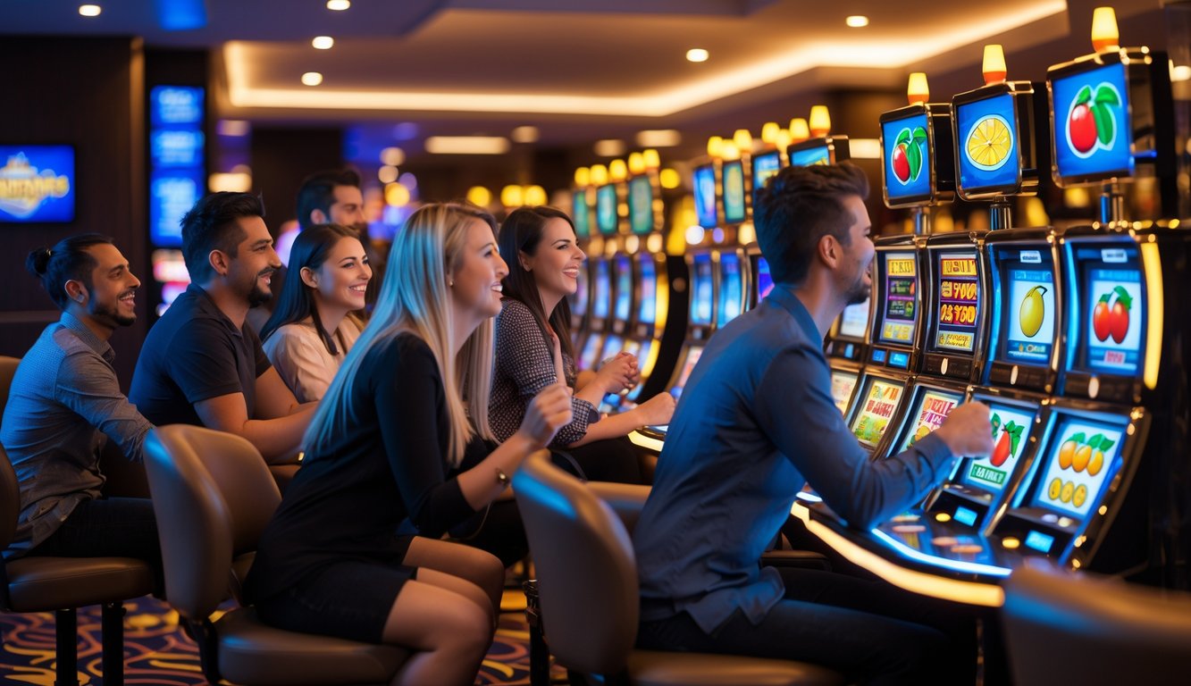 Beberapa orang bermain mesin slot dengan simbol buah di dalam kasino yang terang dan modern.