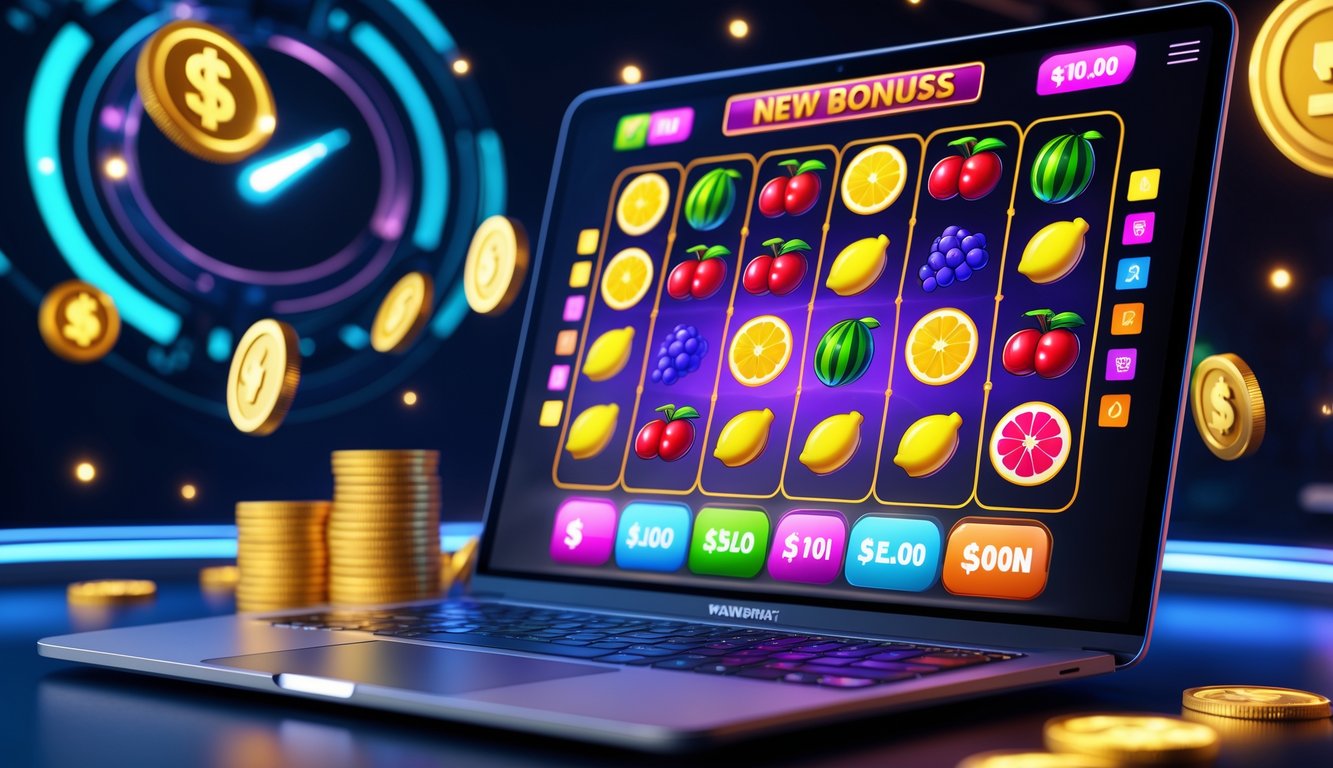 Layar komputer menampilkan permainan slot buah dengan simbol buah warna-warni dan koin digital di sekitar, menggambarkan suasana permainan slot online yang menarik dan penuh kemenangan.
