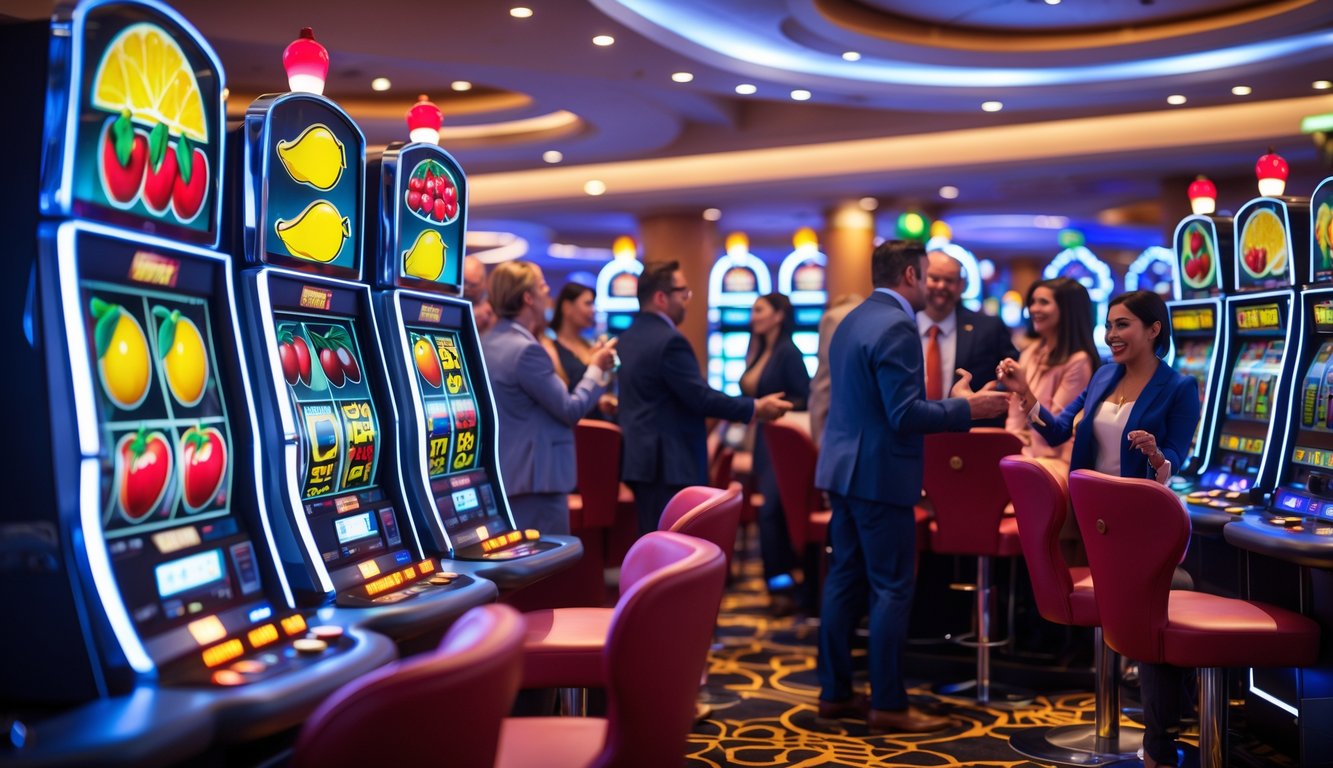 Area mesin slot buah yang ramai dengan orang-orang bermain dan suasana ceria.