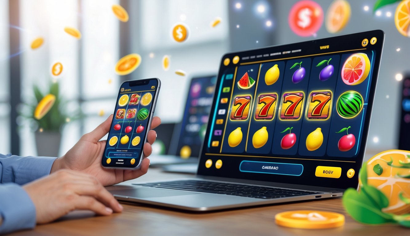 Suasana ruang kerja modern dengan laptop dan ponsel yang menampilkan permainan mesin slot buah berwarna-warni.