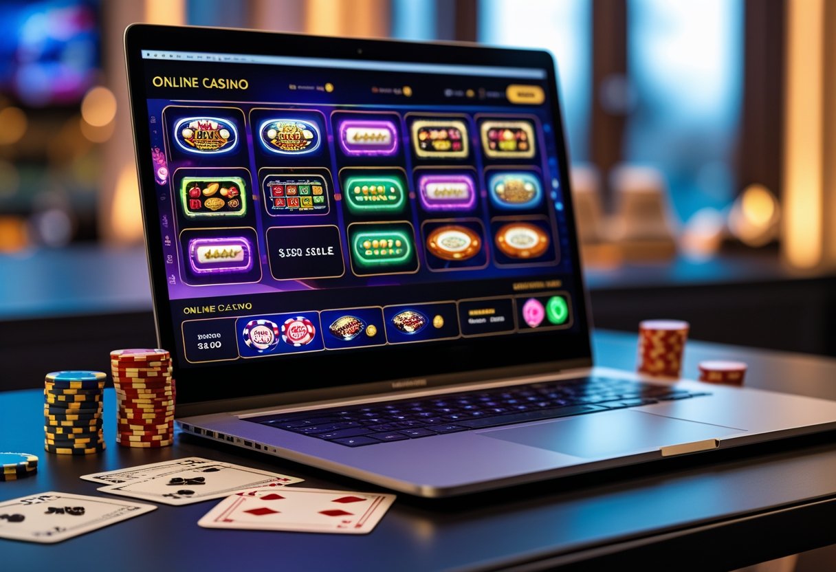 A laptop on a desk showing an online casino interface with poker chips, playing cards, and euro notes nearby.
