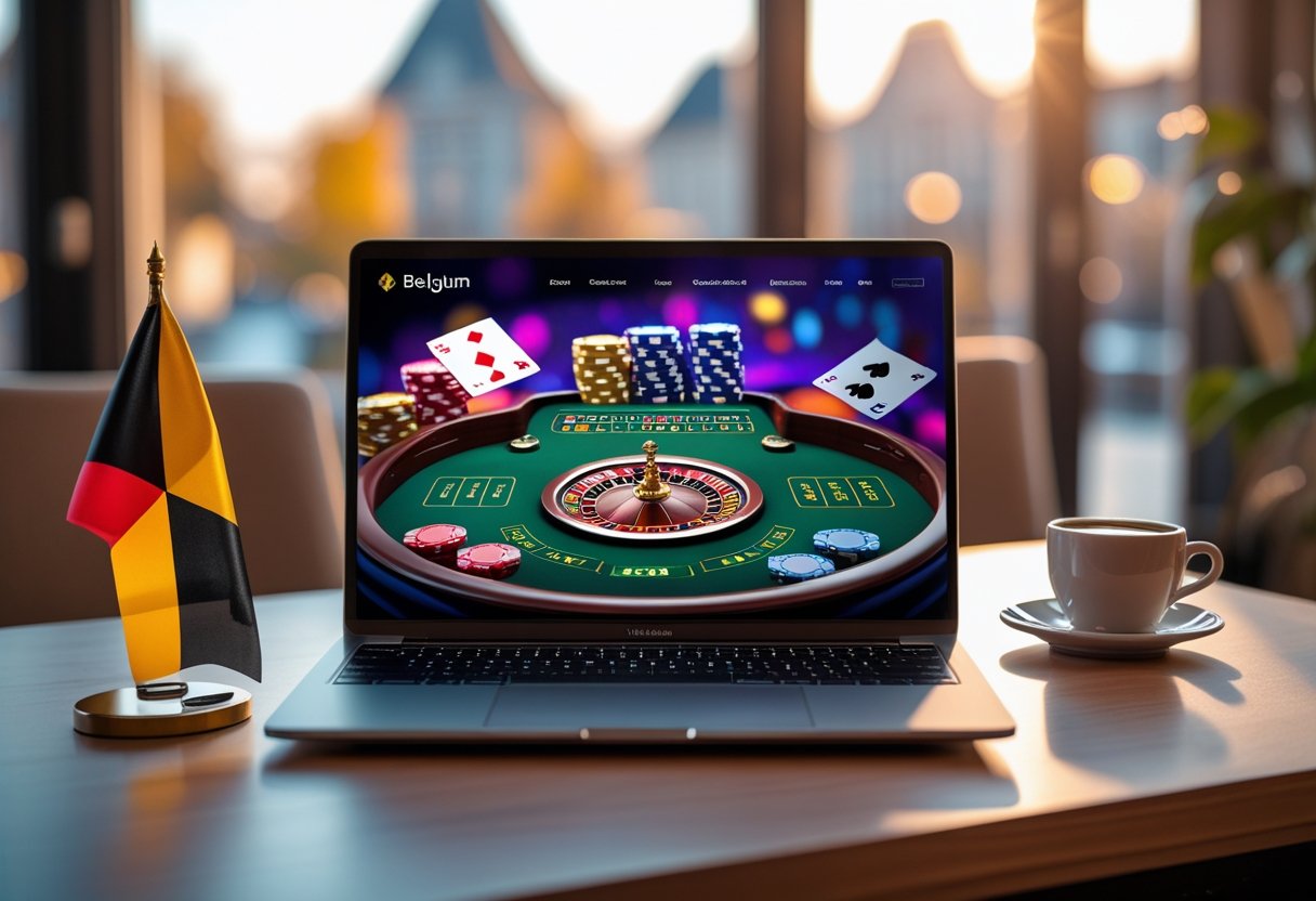 A laptop on a desk displaying an online casino game with poker chips and cards, next to a Belgian flag and a coffee cup.