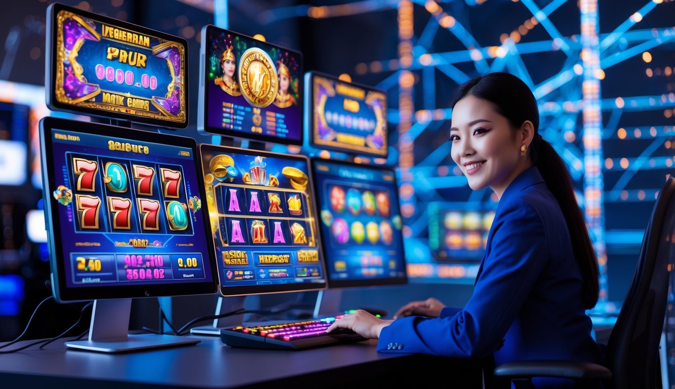 Seseorang menggunakan komputer dengan tampilan permainan mesin slot digital yang berwarna-warni dan latar belakang jaringan digital yang menunjukkan koneksi server stabil.