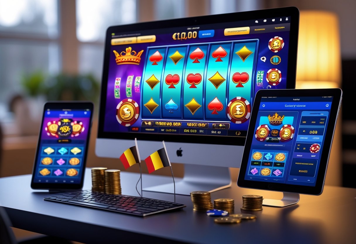 A computer desk with multiple screens showing online casino games and Belgian flags with euro coins nearby.