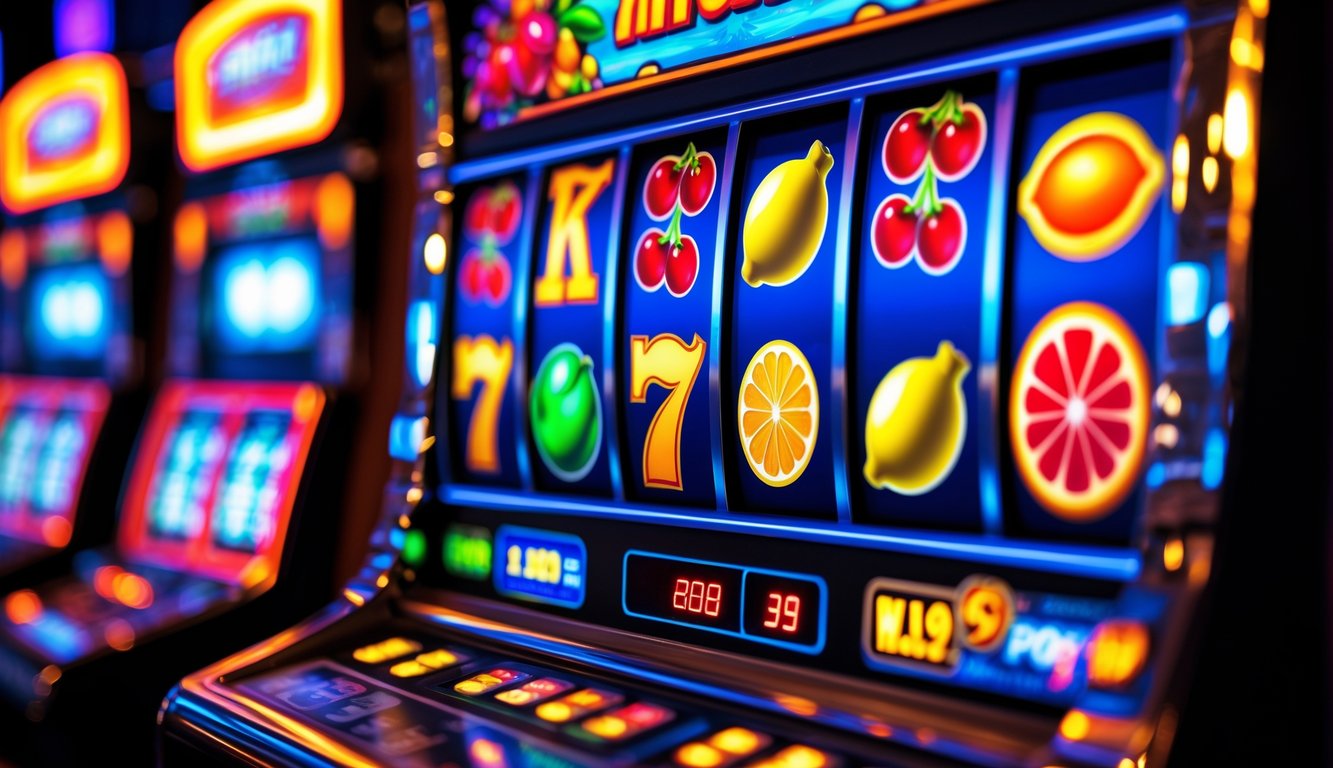 Mesin slot buah berwarna cerah yang menunjukkan kombinasi kemenangan di kasino pada malam hari.