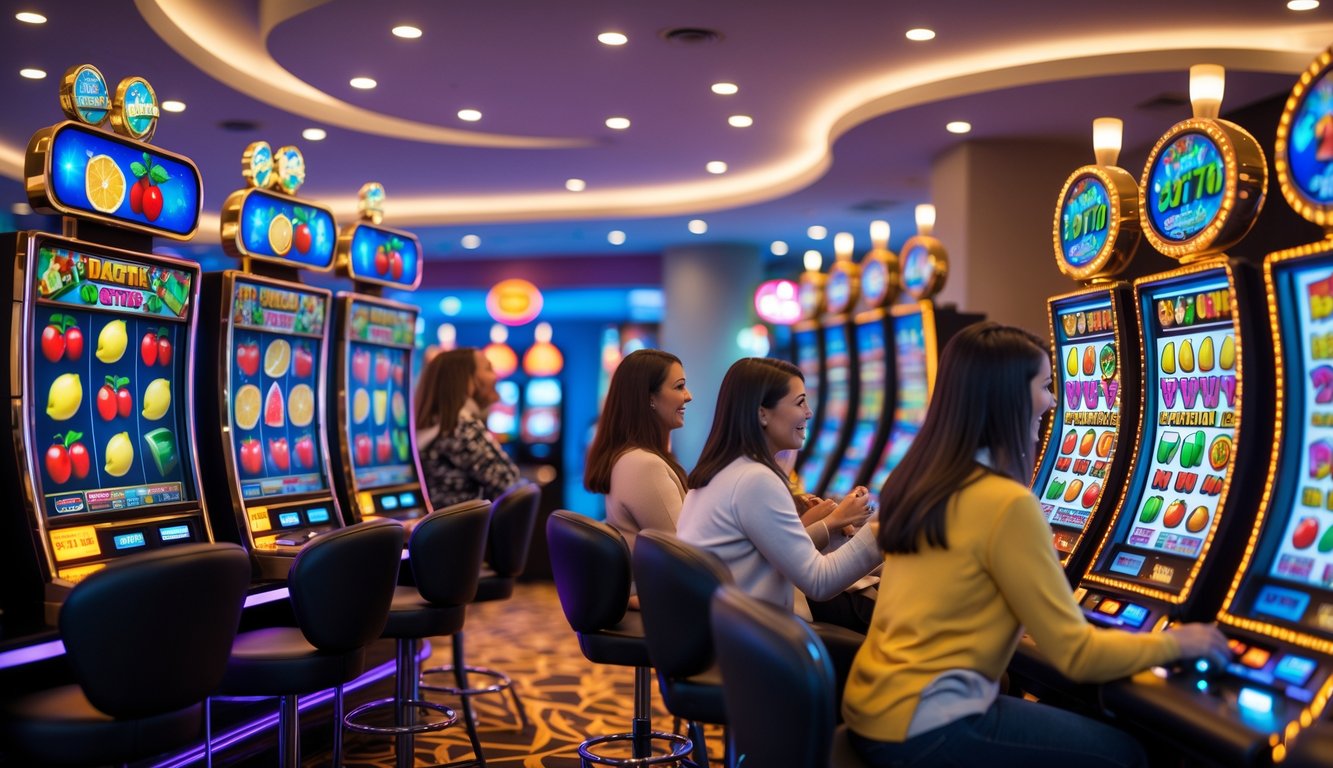Suasana kasino modern dengan mesin slot buah yang berwarna-warni dan pemain yang sedang bermain dengan senang.