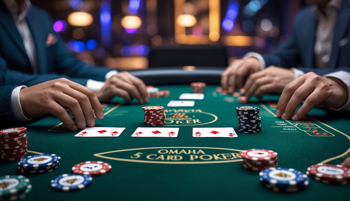 Meja poker dengan kartu dan chip yang sedang dimainkan oleh beberapa pemain di ruangan yang nyaman dan aman.