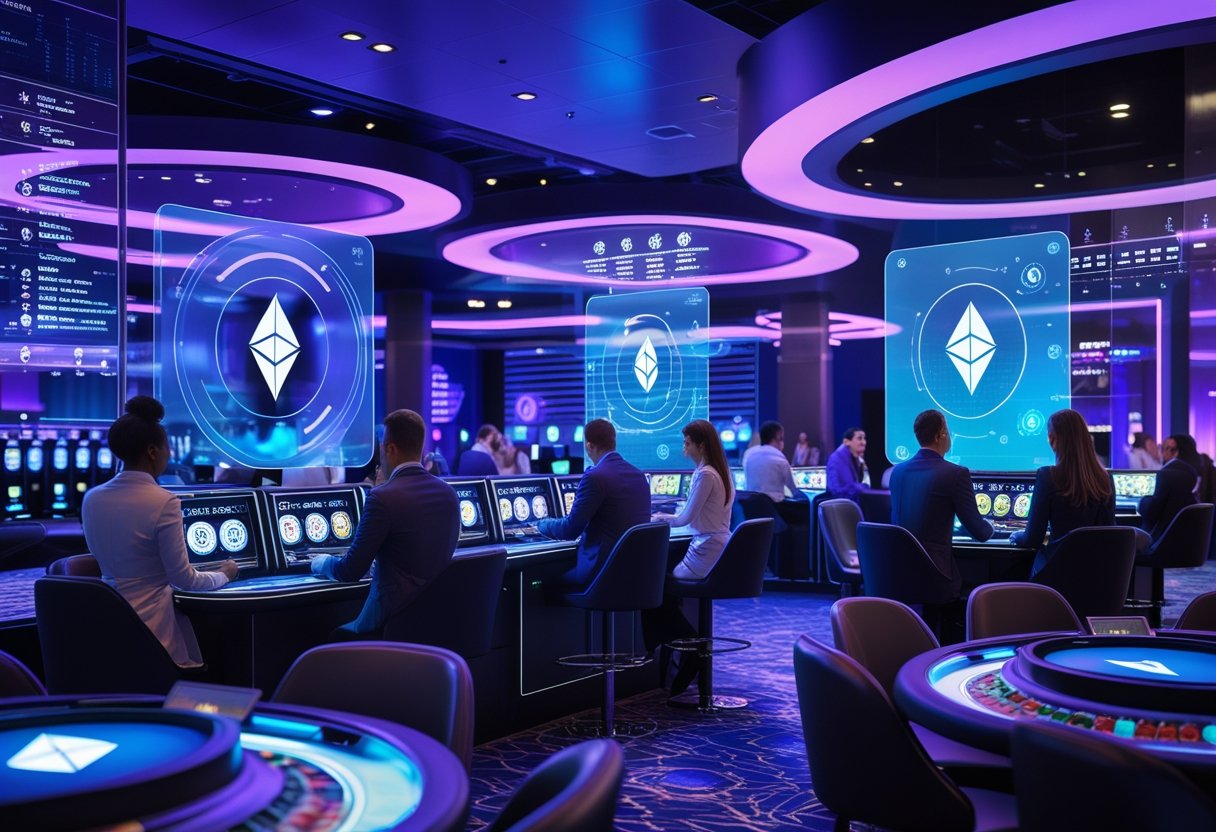 A futuristic casino interior with people playing digital games using devices, surrounded by holographic Ethereum symbols and blockchain graphics.