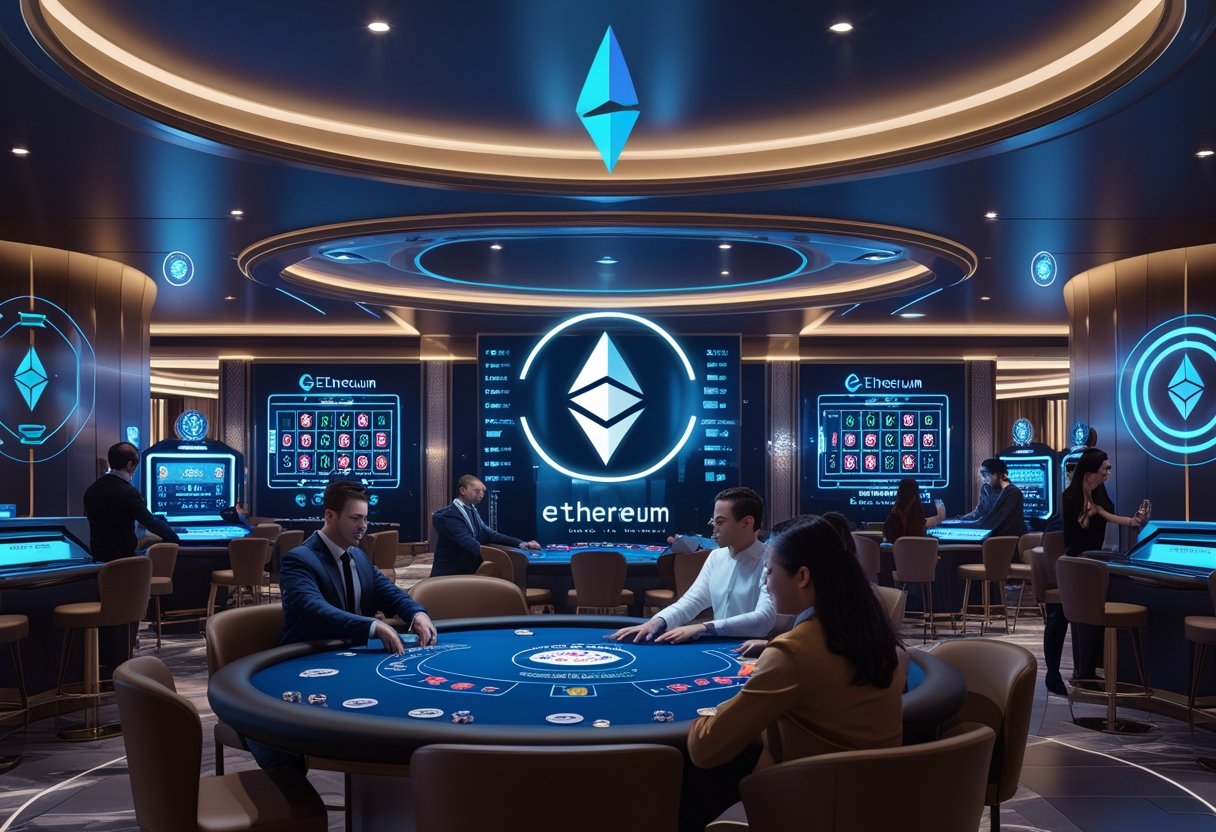 A modern casino scene with diverse players using digital tables and glowing Ethereum symbols in the background.