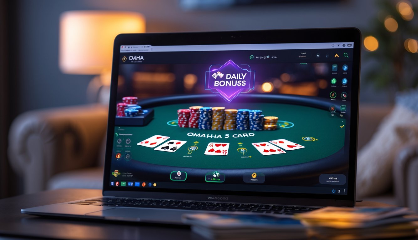 Sebuah meja permainan poker online dengan kartu dan chip poker yang tersusun rapi di depan komputer dalam ruangan yang nyaman.