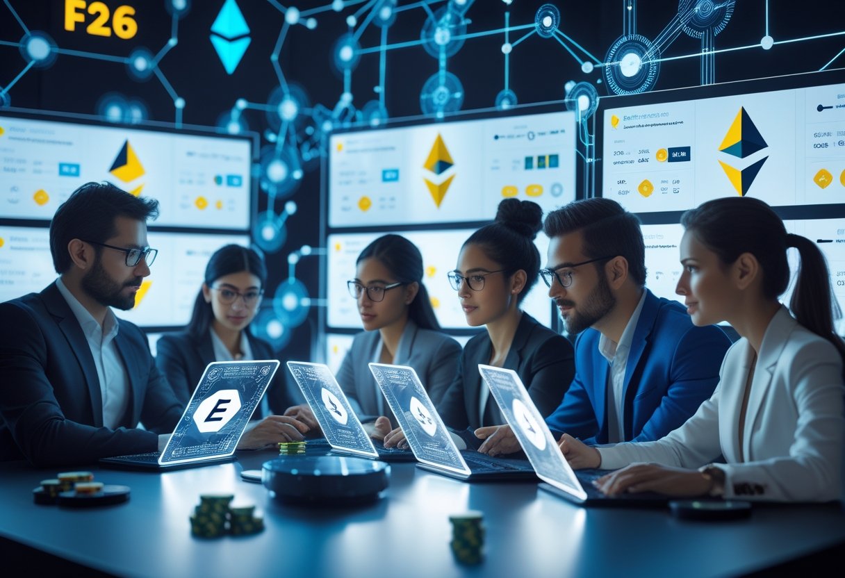 A group of professionals analyzing digital screens with Ethereum logos and casino elements in a modern tech environment.