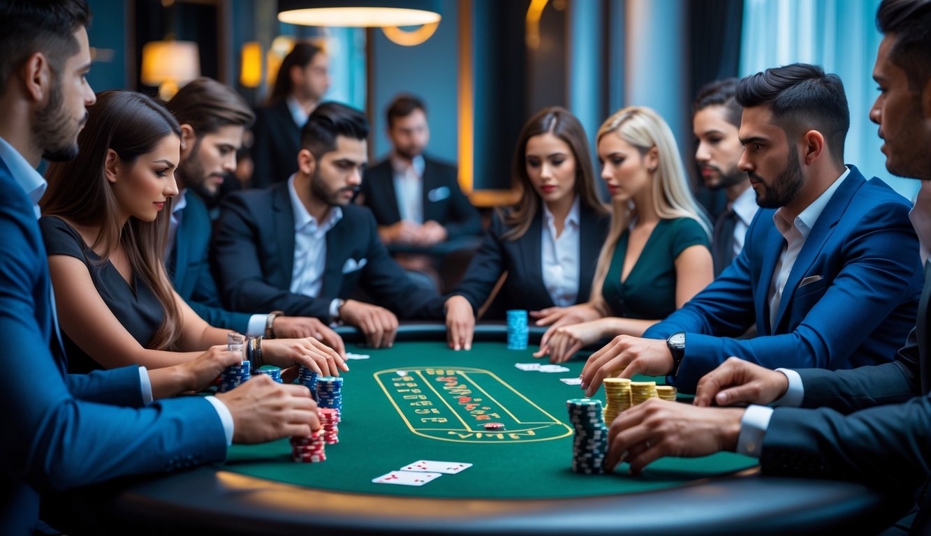 Sekelompok pemain poker profesional sedang bermain Omaha 5 Card di meja poker dengan chip dan kartu, dalam ruangan poker yang elegan.