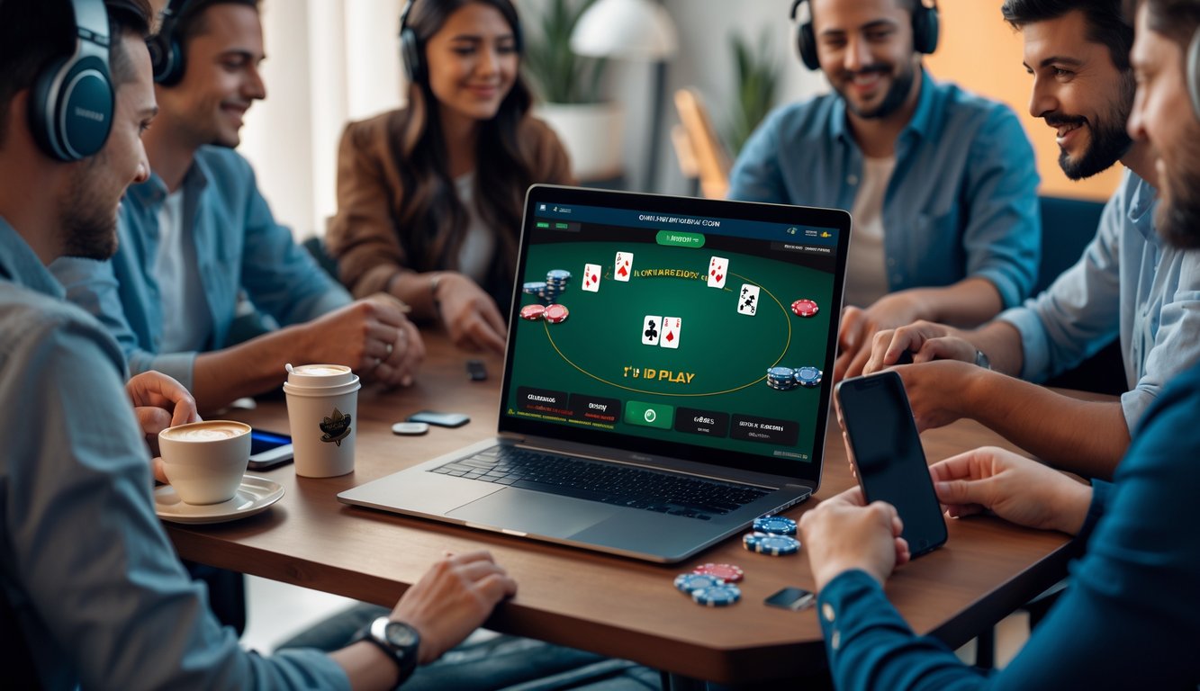 Orang-orang bermain poker online Omaha 5 kartu di depan laptop dalam ruangan yang nyaman.