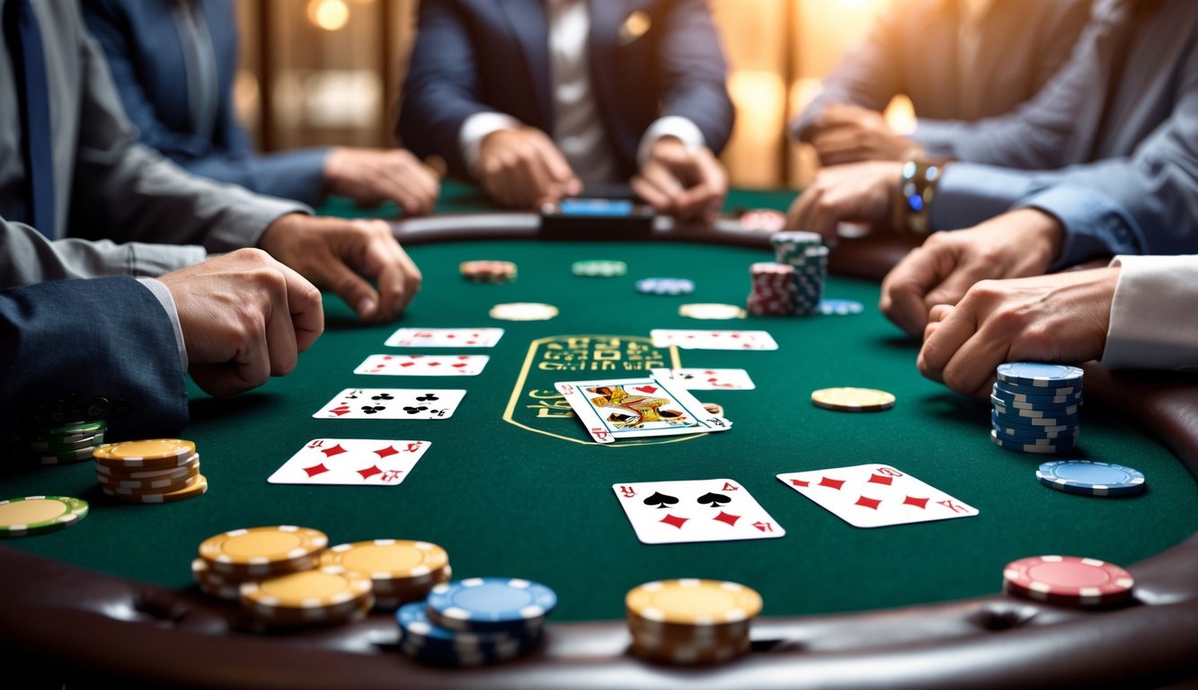 Meja poker dengan kartu dan chip, tangan pemain sedang bermain poker Omaha 5 kartu.