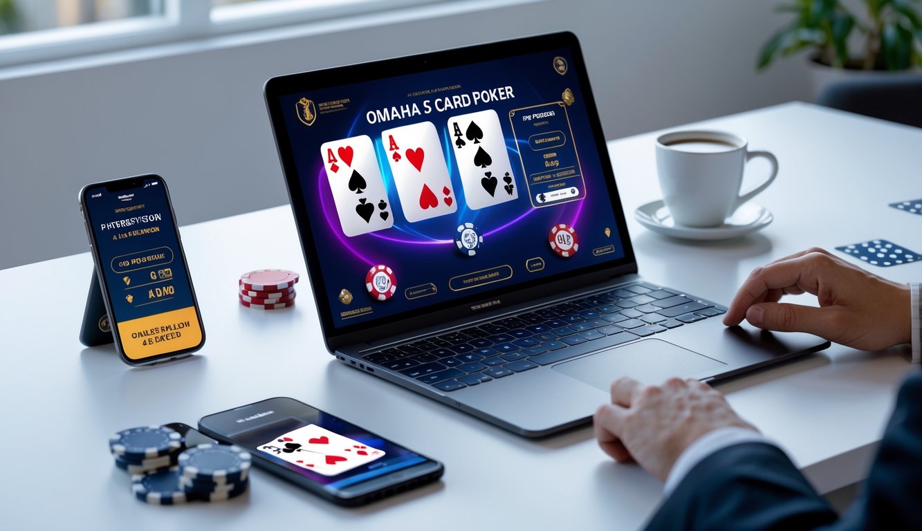 Seorang pemain poker online sedang bermain Omaha 5 kartu menggunakan komputer dan ponsel di meja kerja yang rapi dengan chip poker dan kartu bermain.
