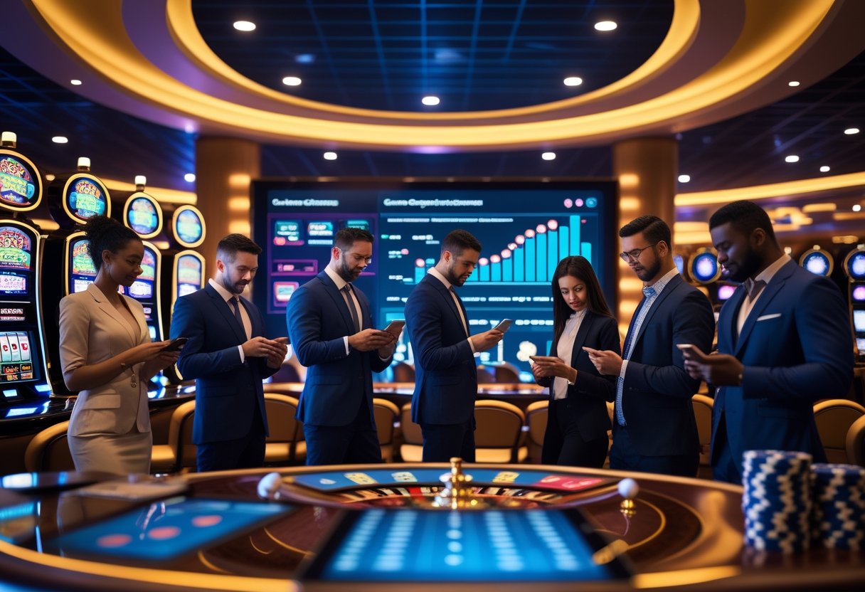 People using digital devices in a modern casino with slot machines and gaming tables visible in the background.