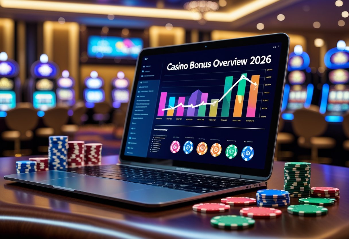 A digital device on a table surrounded by poker chips, playing cards, and dice in a casino setting.