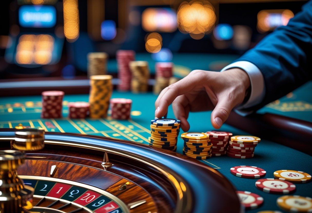 A close-up of a hand placing chips on a roulette table in a casino setting with colorful chips and cards visible.