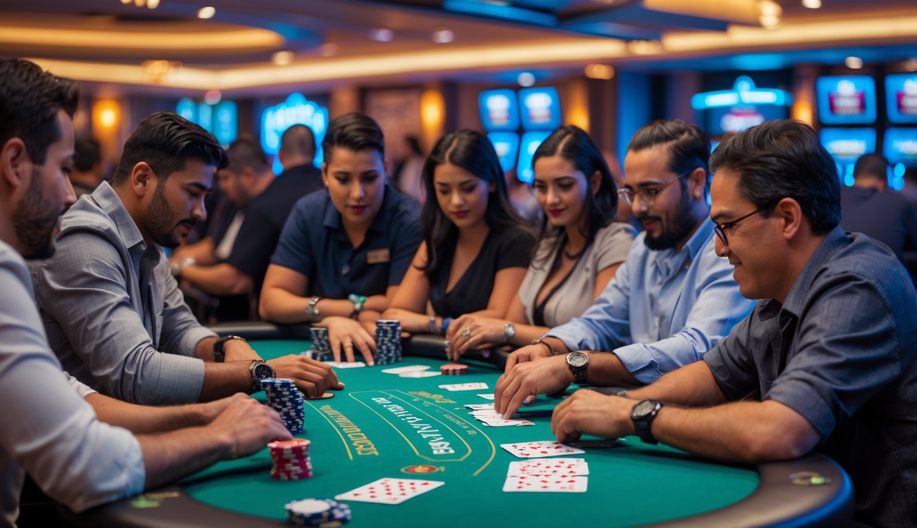 Beberapa orang sedang bermain poker Omaha 5 kartu di meja yang ramai dengan suasana kasino yang hidup.