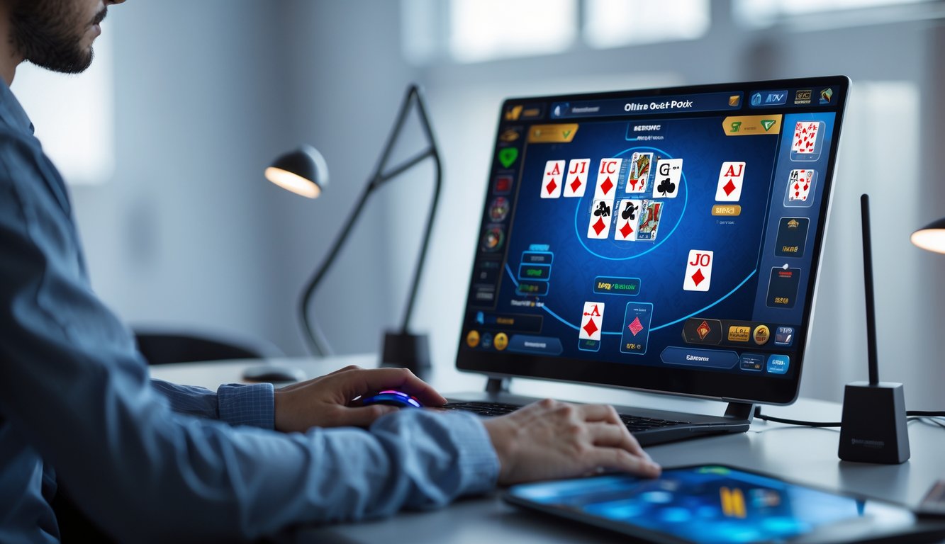 Seorang pemain duduk di depan komputer dengan layar menampilkan permainan poker Omaha 5 kartu secara online, di ruang kerja yang rapi dan terang.
