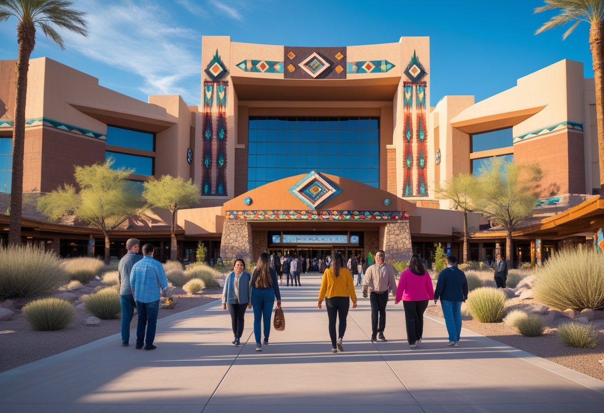 A modern Native American casino resort with visitors entering, surrounded by desert landscaping under a clear blue sky.